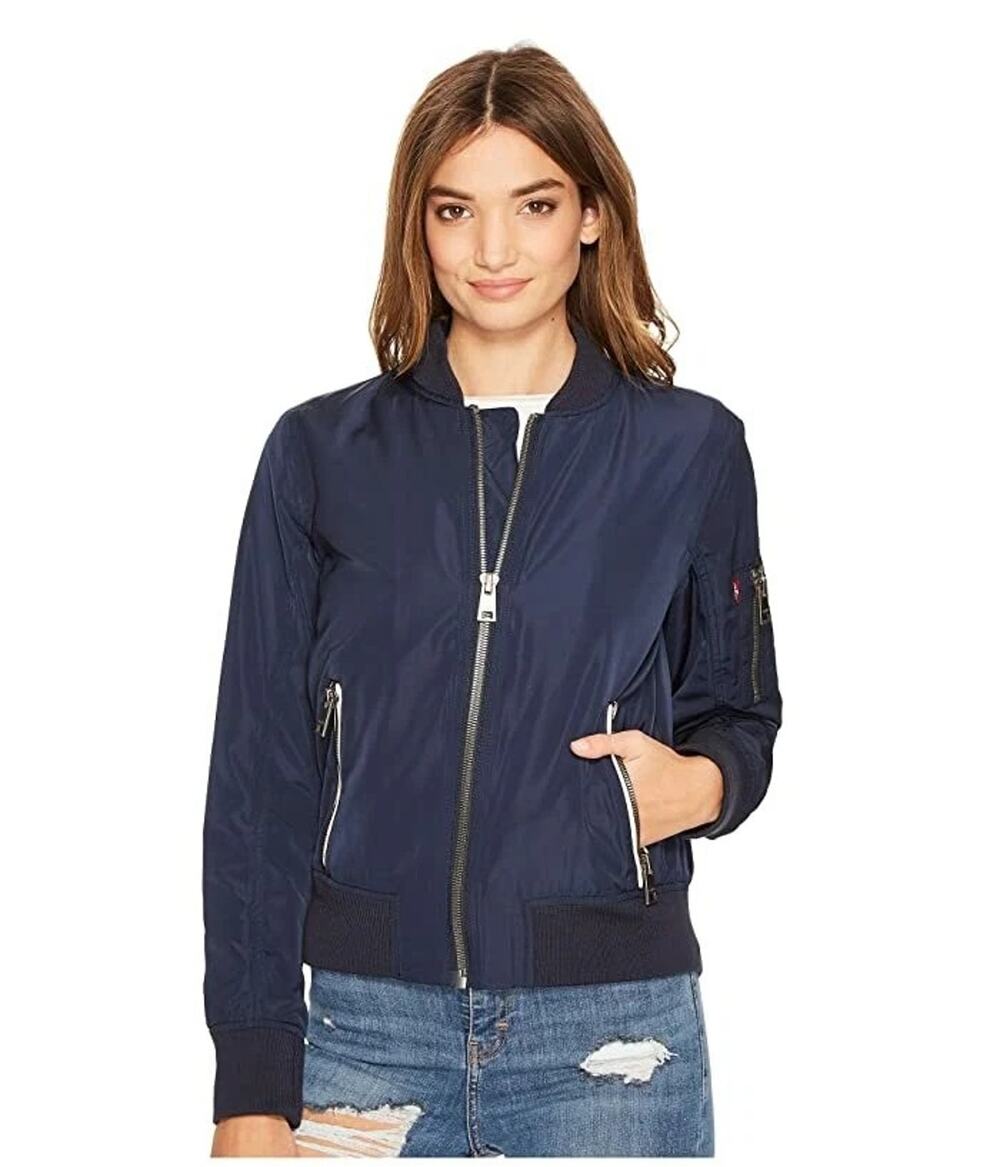 Levi’s Nylon Bomber Jacket Navy Zip Ribbed Collar Lightweight Coat Size XL